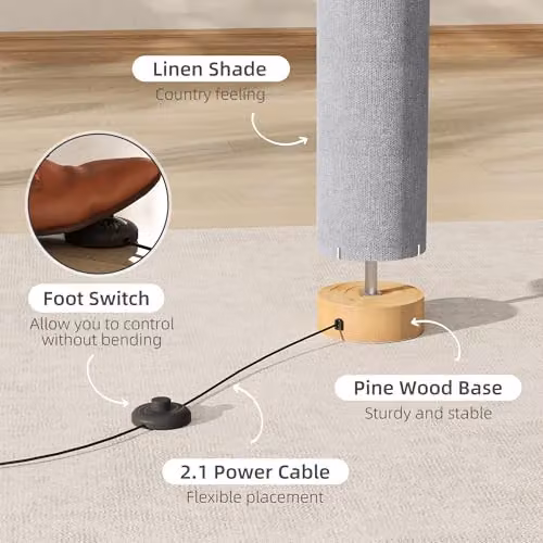 HOMCOM Modern LED Floor Lamp in Grey with Wood and Metal Accents, Height: 120 cm – 4
