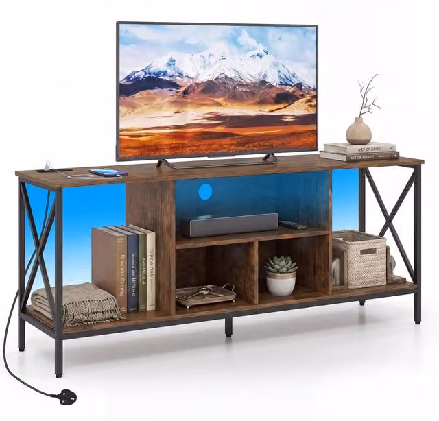 Costway Industrial Entertainment Centre TV Stand with LED Lights and Power Outlets in Brown