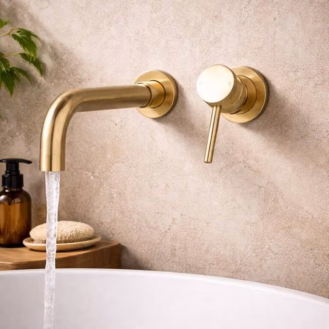 Bathroom Kingdom Venice Single Lever Wall Mounted Basin Mixer Tap in Brushed Brass Gold