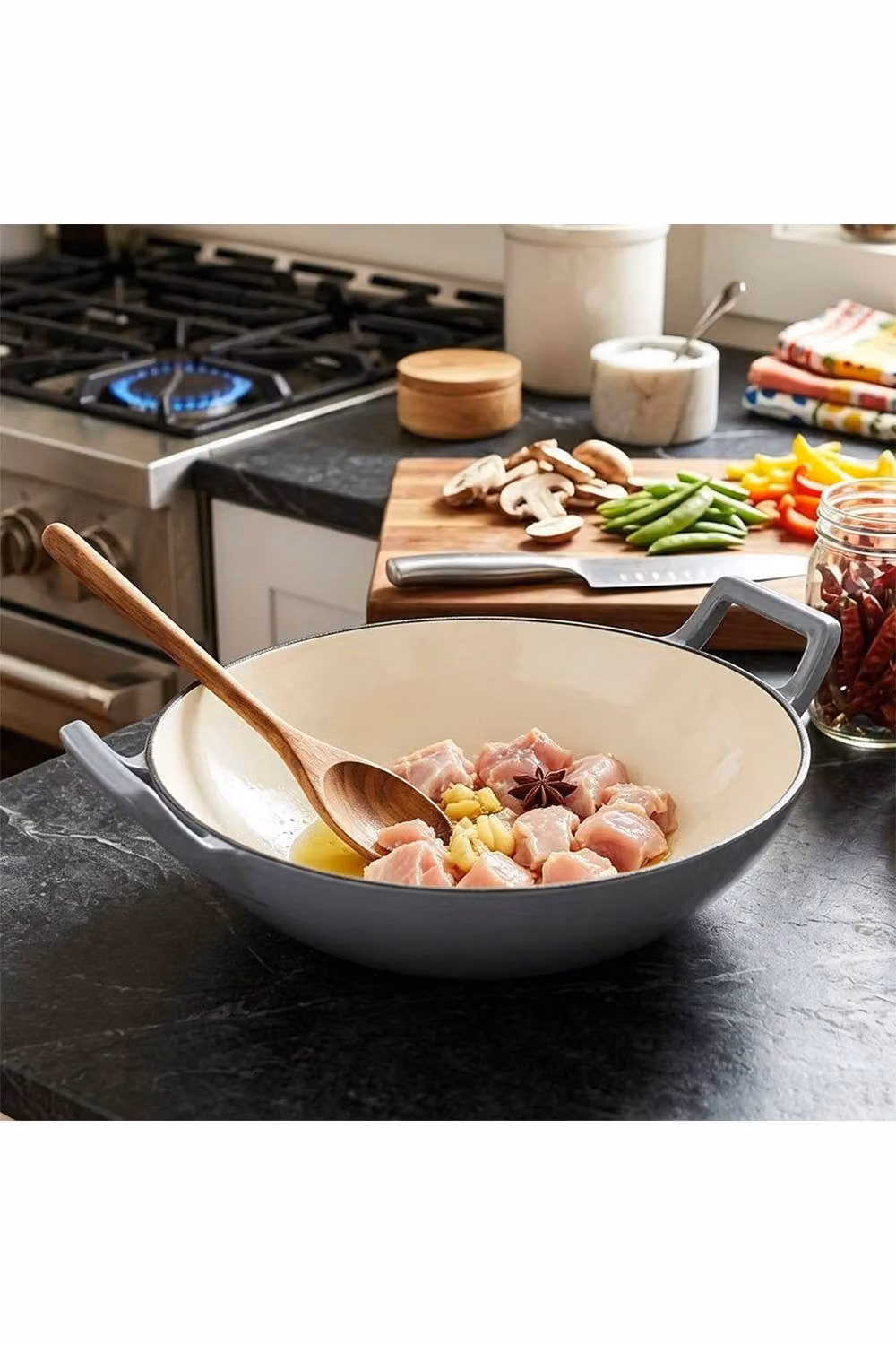 Living and Home Enamelled Cast Iron Stir-Fry Pan Wok, Grey, Depth: 30 cm – 6
