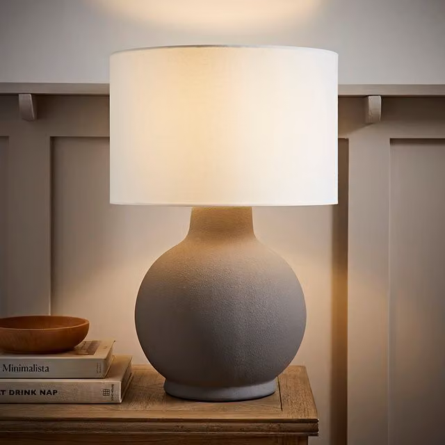 Blair Large Round Ceramic Table Lamp with Fabric Drum Lampshade and LED Bulb in Grey and Beige