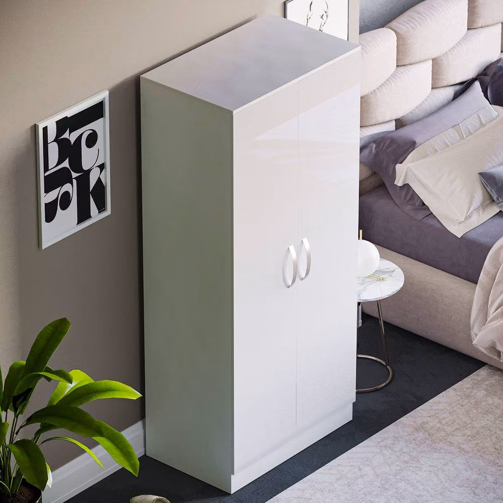 HD Designs Hulio 2 Door Wardrobe in White Glossy MDF, H 170 cm x W 76 cm x D 47 cm – 4
