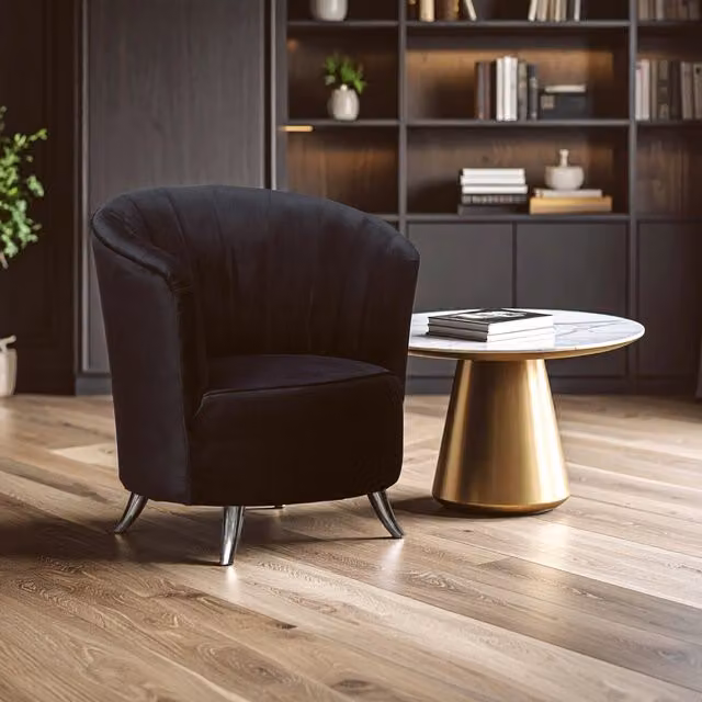 Fifty Five South Black Velvet Swivel Tub Chair with Armrests and Silver Metal Frame