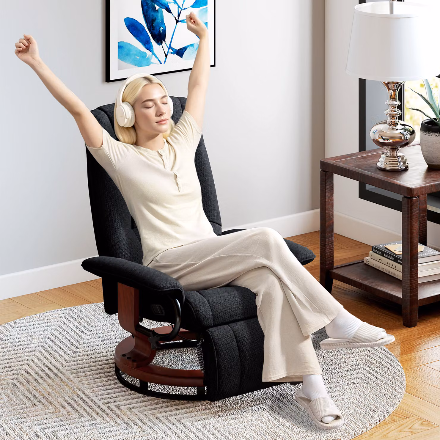 HOMCOM Black Fabric Reclining Swivel Chair with Footrest and Armrests – 7