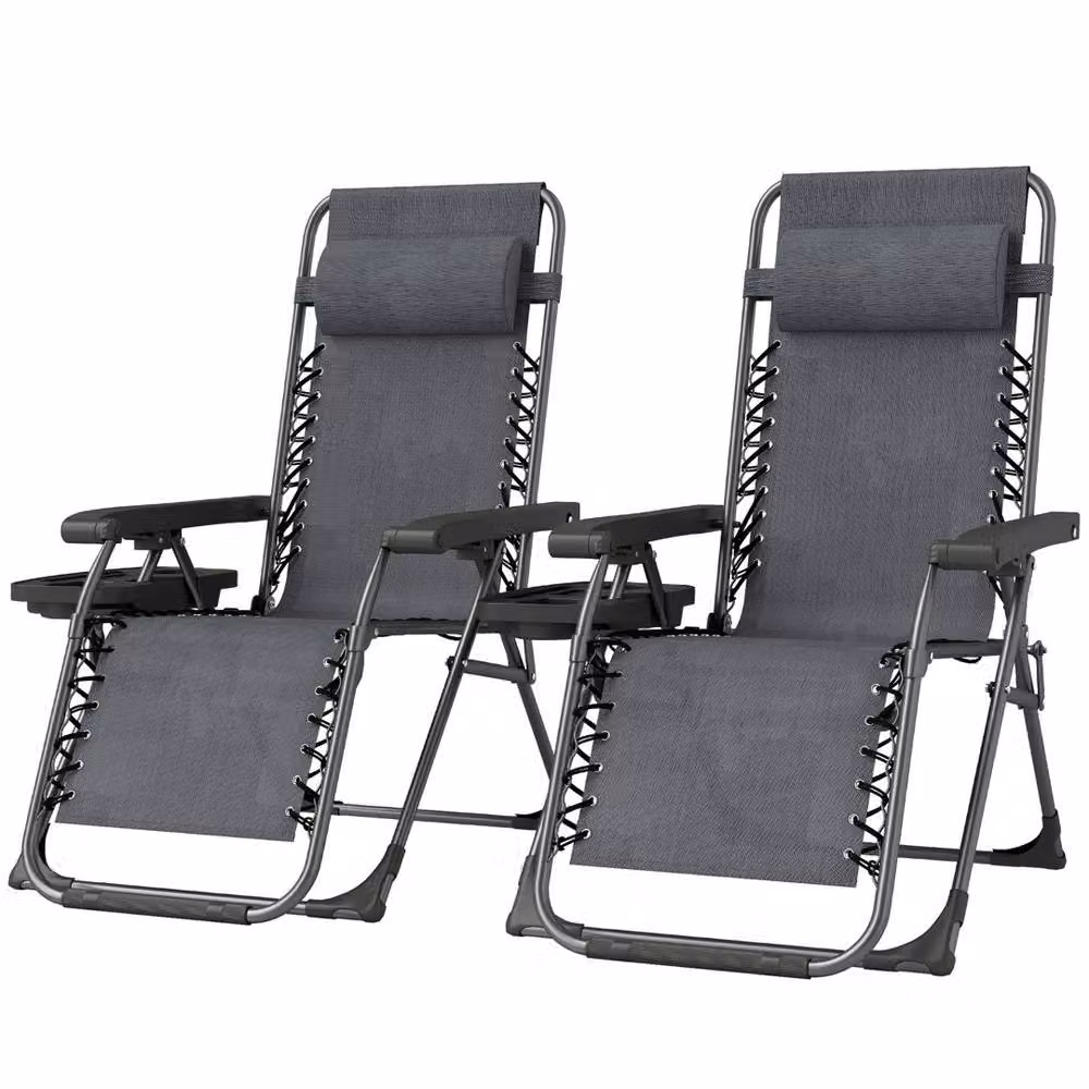 VOGREX Set of 2 Folding Garden Sunloungers with Cup Holders in Dark Grey – 5