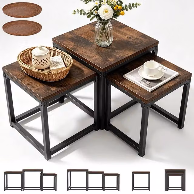 VOGREX Nesting Coffee Table Set of 3 in Brown and Black Industrial Style