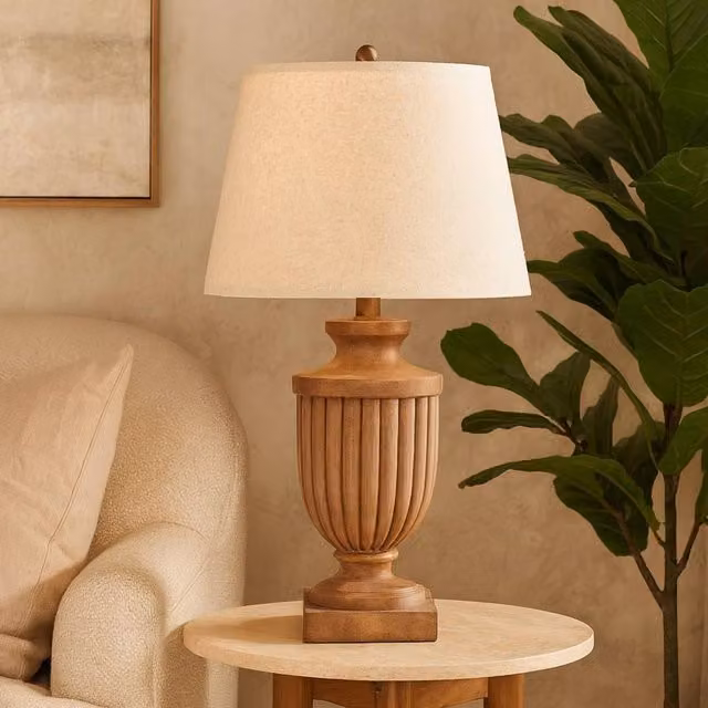 Wyld Haus Auberville Fluted Wooden Table Lamp in Brown with Beige Fabric Shade