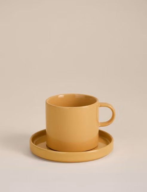 M&S Peach Ceramic Coffee Cup and Saucer Set in Pink and Yellow