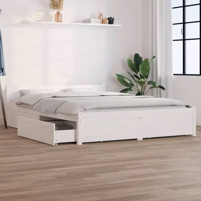 Berkfield Home Modern White Pine Wood Bed Frame with Drawers W: 150 cm, D: 200 cm – 1