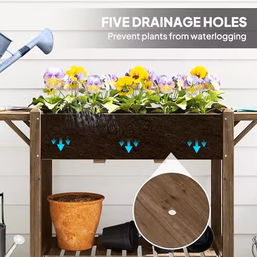 Outsunny Carbonised Wooden Raised Garden Bed with Lockable Wheels in Brown – 5