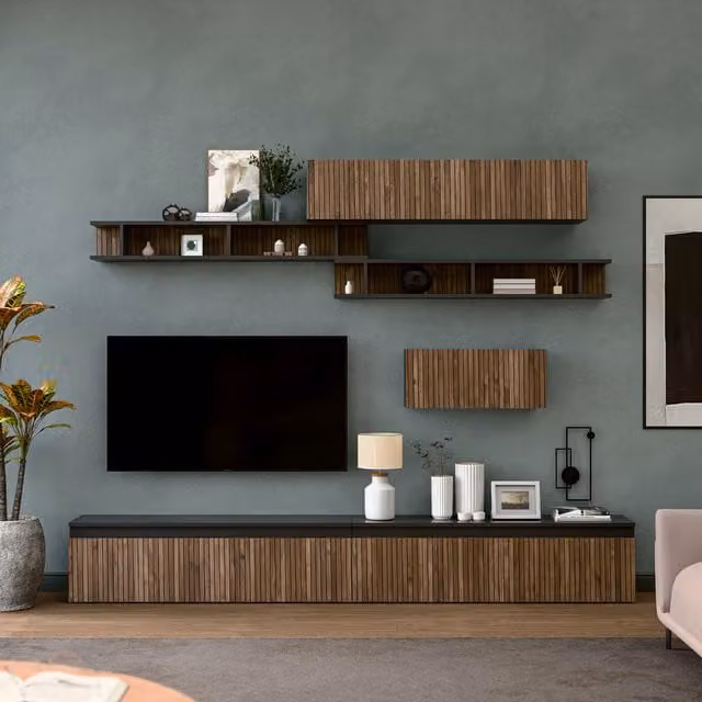 Decorotika Madrid Wall Mounted Entertainment Center in Black and Oak with Geometric Alina Pattern
