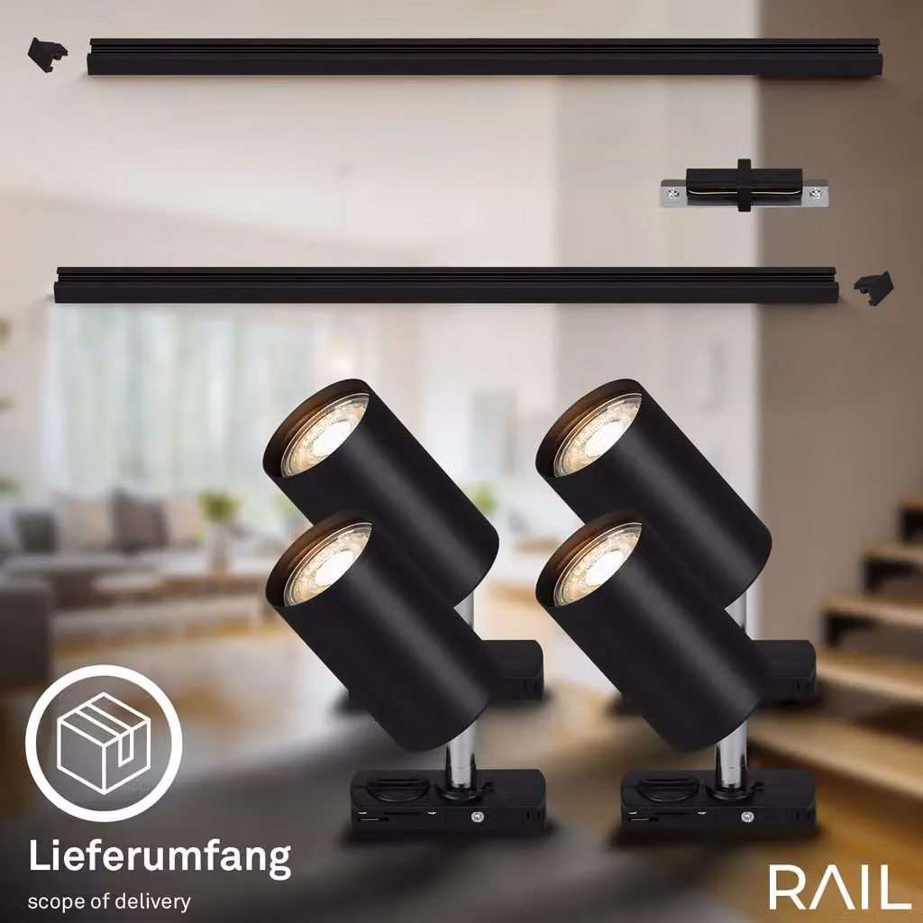 Briloner Black LED Rail System Starter Set with 4xGU10 Sockets (Max 9W) – 4