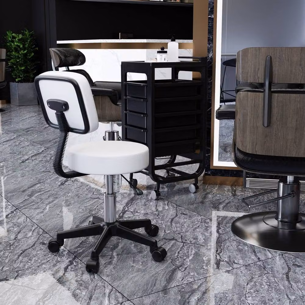 STILVORA Adjustable Height Salon Stool with Backrest in White – 3