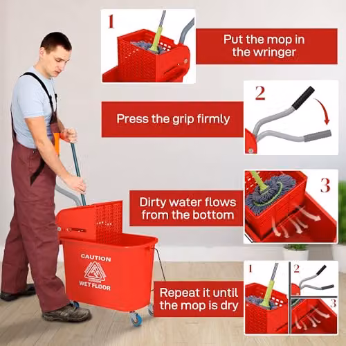 HOMCOM 20L Compact Plastic Mop Bucket with Wringer and Wheels in Red – 5