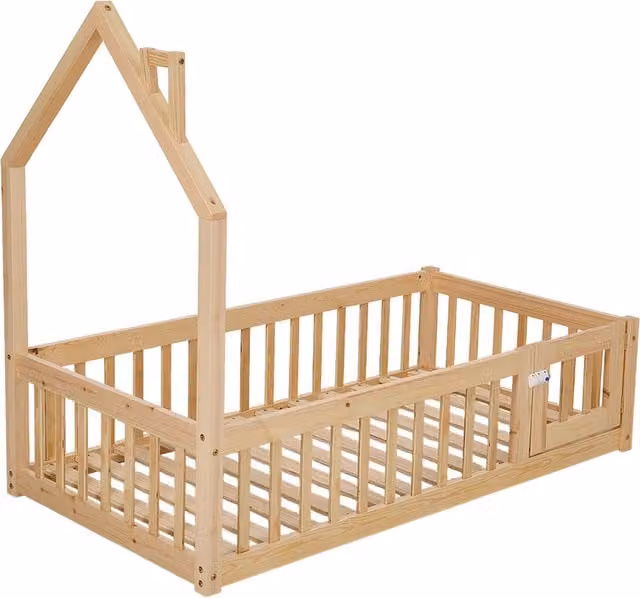 Livingandhome Scandinavian House-Shaped Solid Pine Wood Childrens Bed Frame in Brown and Beige