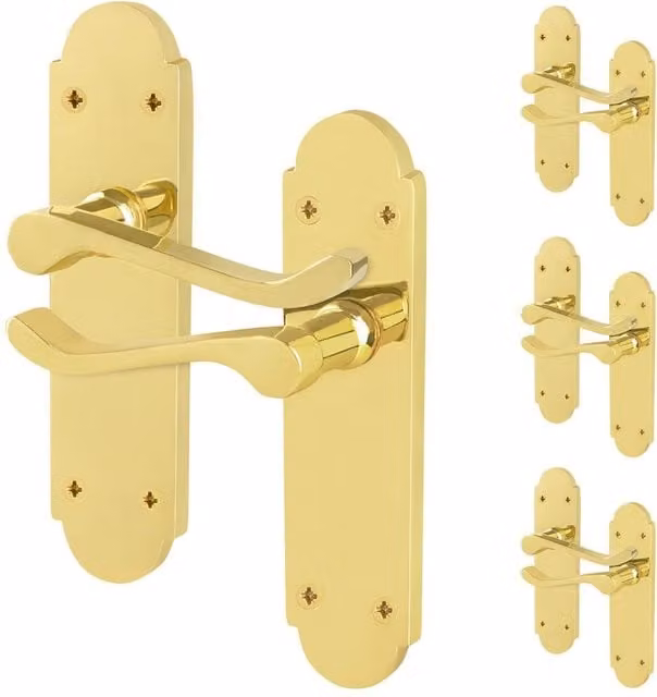 AFIT Polished Brass Door Handles with Latch, 4 Pairs in Gold, W/D/H: 15.0 x 15.0 x 1.7 cm