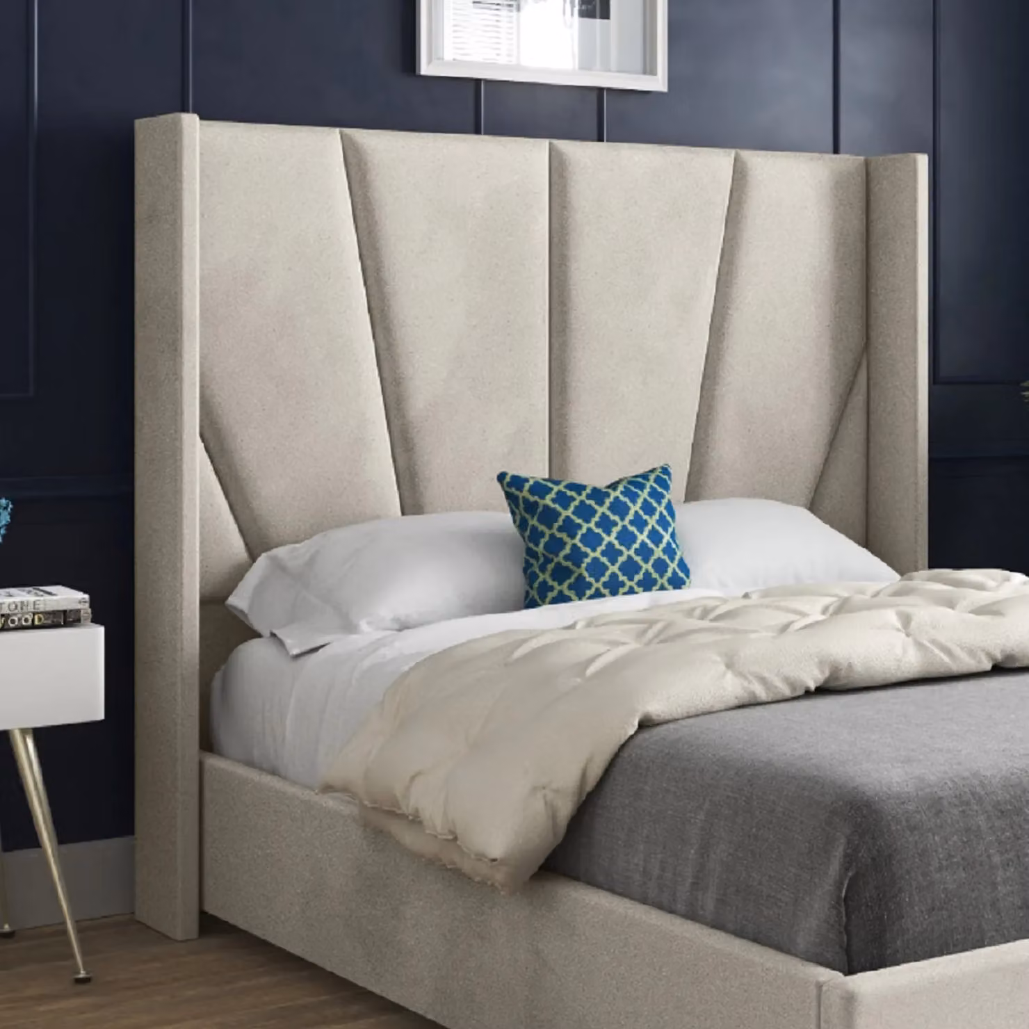 Casani Bellini Small Single Wide Curved Winged Upholstered Velvet Bed Frame in Beige – 2