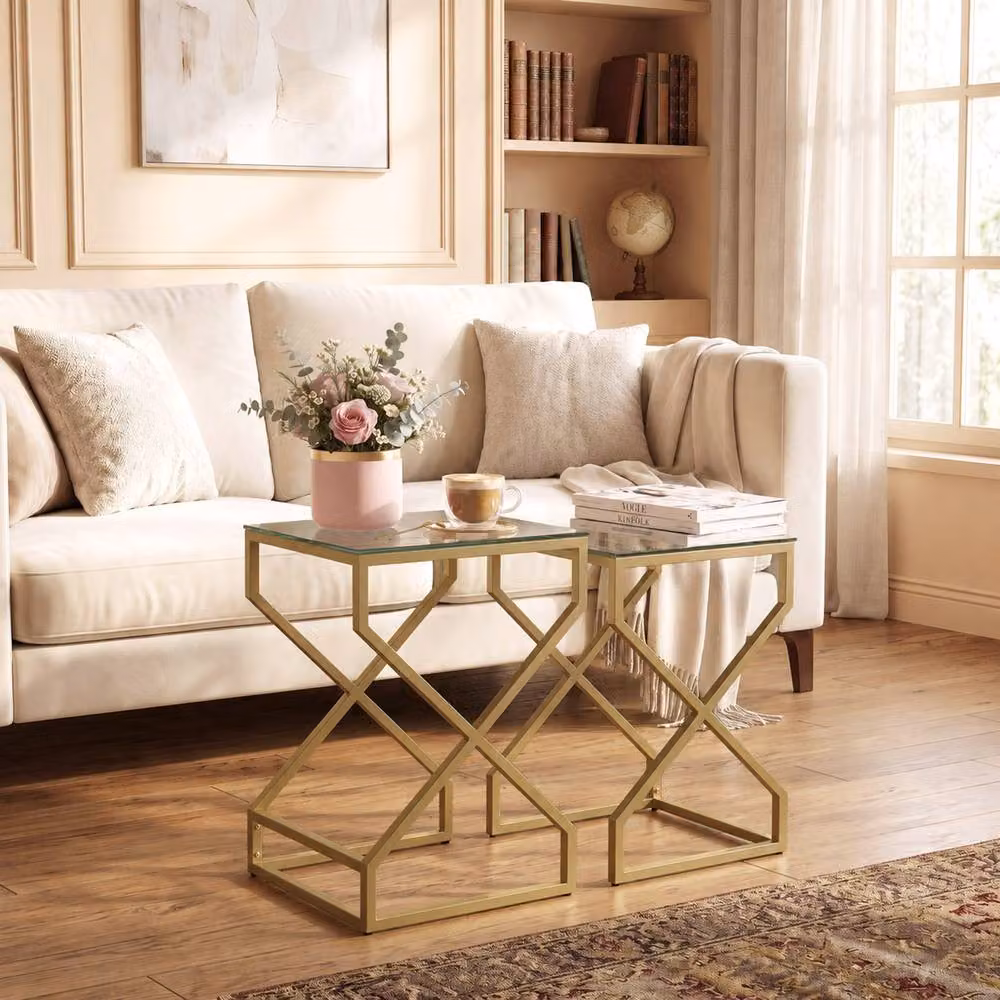 HOMCOM Modern Nest of 2 Side Tables with Transparent Glass Tops and Gold Metal Frames – 2