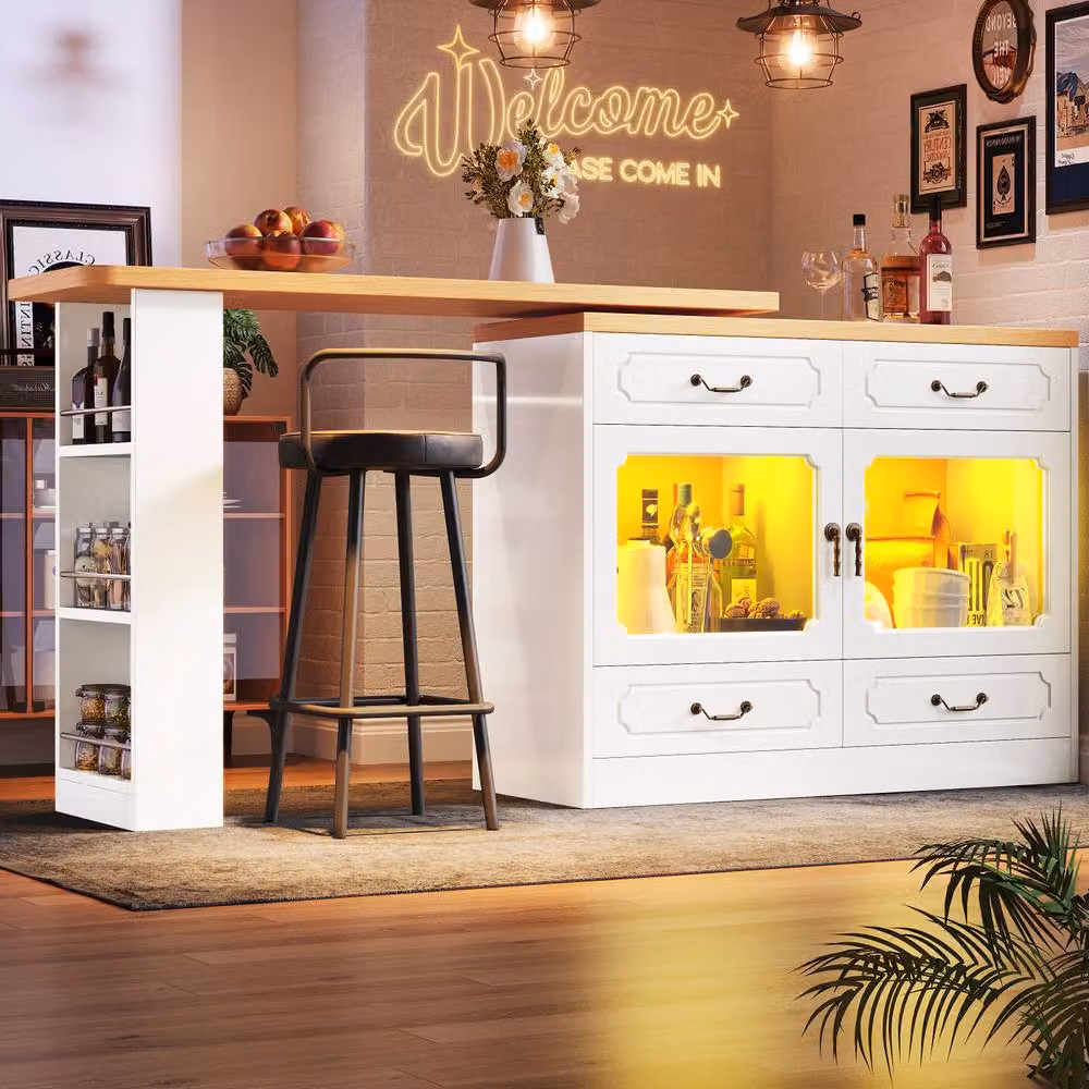 Rolipo 360° Rotating Kitchen Island Bar Table with LED Lights and Storage in White – 4