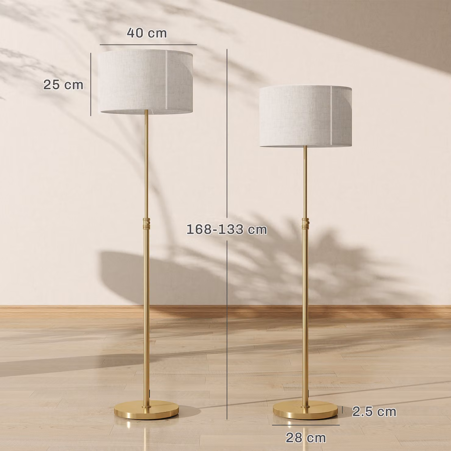 HOMCOM Gold Floor Lamp with Remote, Height Adjustable Dimmable Standing Lamp with Fabric Shade and Foot Switch for Living Room, Bedroom or Office – 3