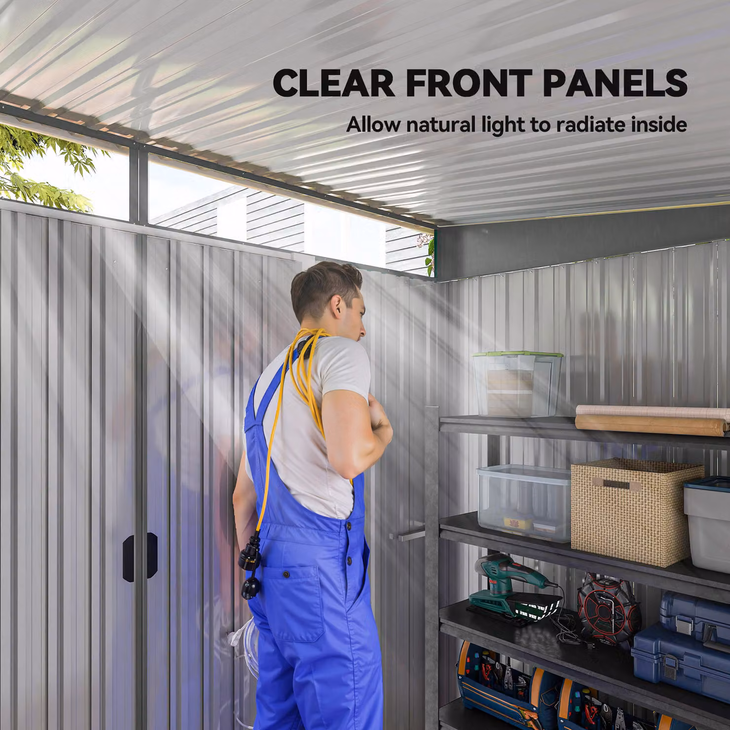 Outsunny Metal Garden Storage Shed with Double Doors and Top Window, Light Grey – 5