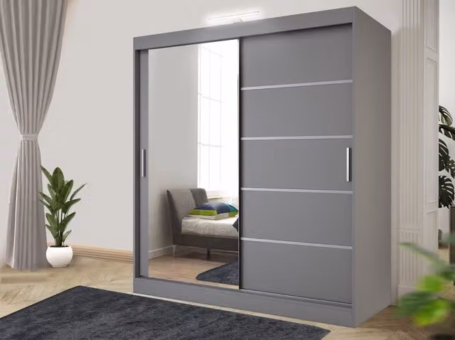 RAC3 Modern 180cm Sliding Door Wardrobe with LED Lighting, Mirror and Integrated Drawers in Black and Grey
