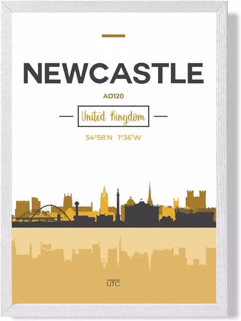 ARTZE Newcastle City Skyline Framed Print in Yellow, Black and White, A4