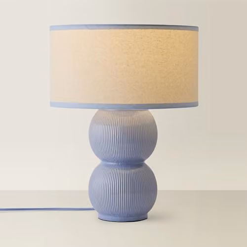 ValueLights Gemma Blue Glazed Ceramic Table Lamp with Blue Trim Linen Drum Shade