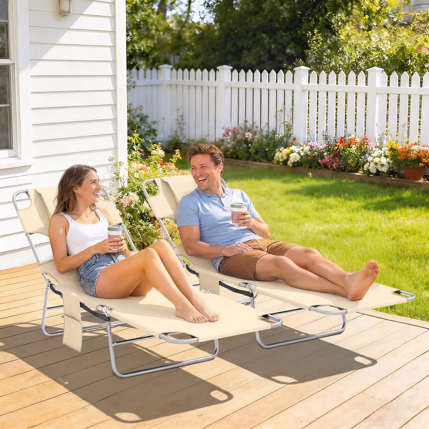 Outsunny Set of 2 Adjustable 5-Position Sun Loungers in Beige with Side Pocket and Reading Hole – 2