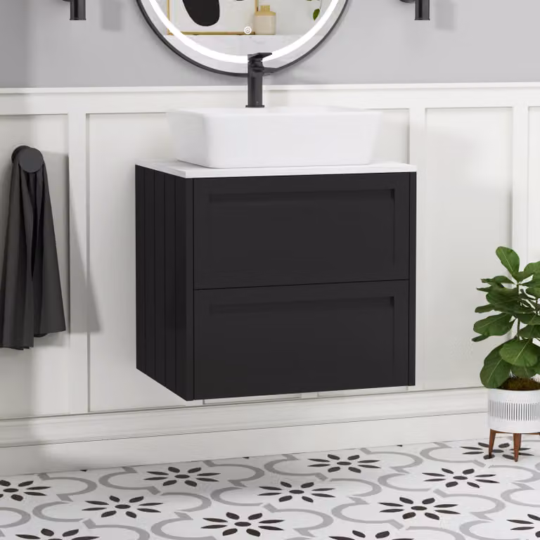 Royal Bathrooms Elmore Wall Hung Vanity Unit with 2 Drawers and Cube Basin in Matt Nocturne Black, W: 60 cm