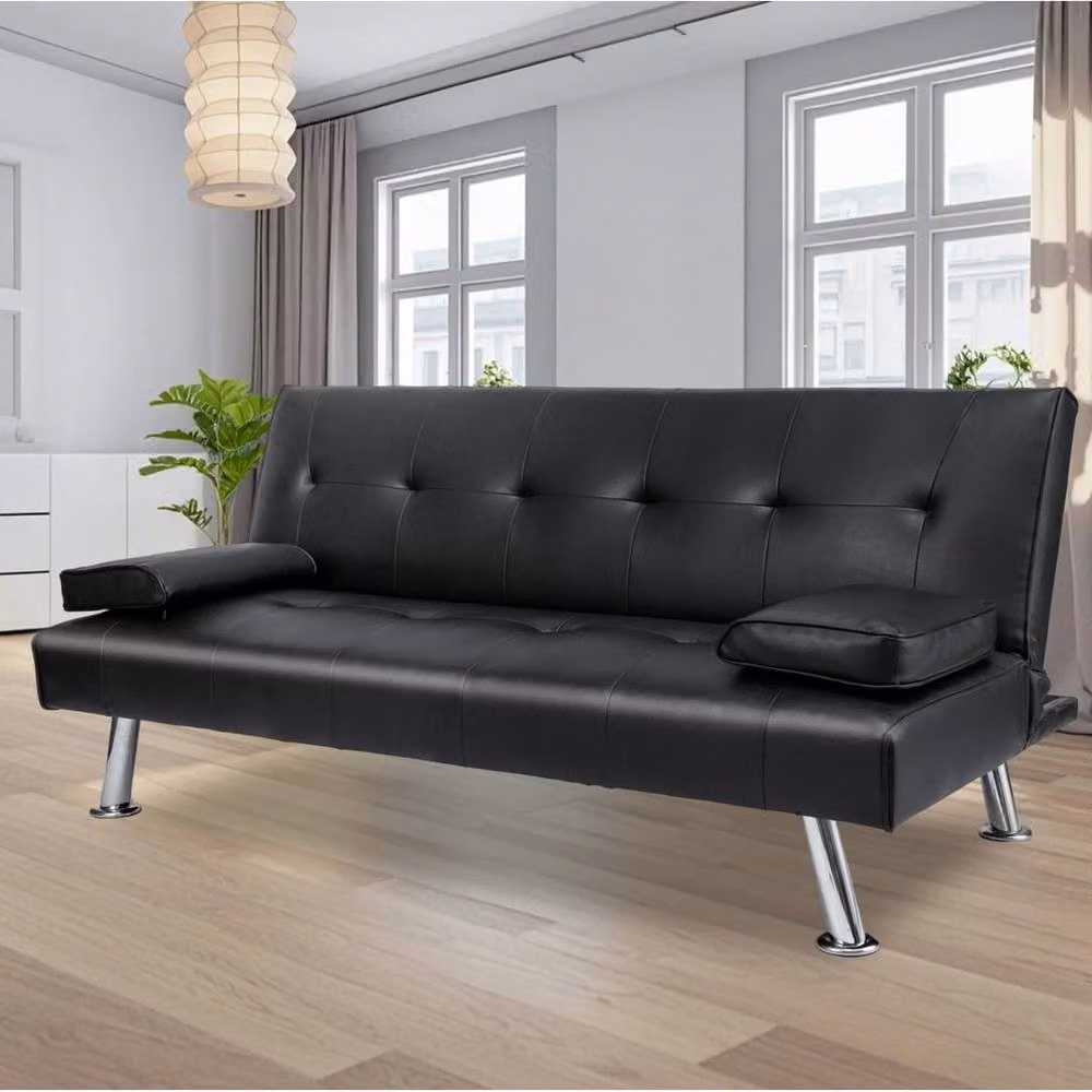 PAWNORA Black Faux Leather Click Clack Sofa Bed with Metal Frame – 3