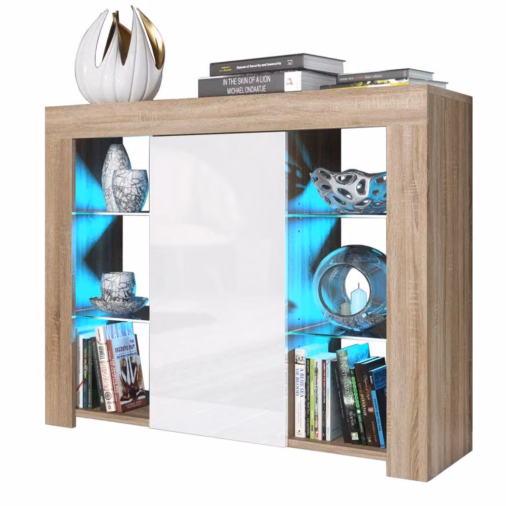 Mex Furniture LTD Harbor Sideboard in Oak and White Gloss with Integrated LED Lighting, Width: 97 cm – 3