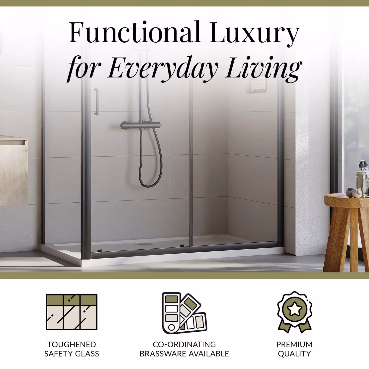 Balterley Ruwa Sliding Shower Suite with Rectangular Tray and 6mm Glass Door Panel, Black, W: 1400 mm, D: 800 mm, H: 190 mm – 3