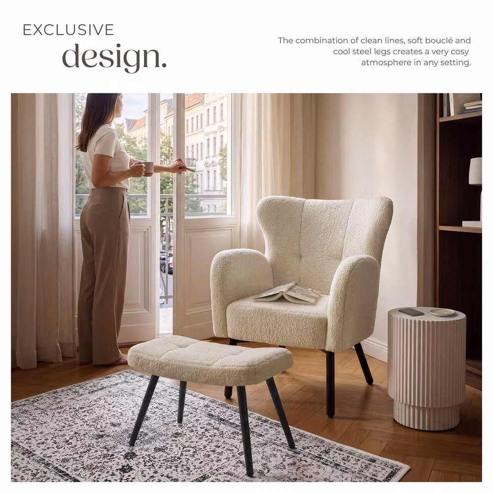 tectake Vänersborg Armchair with Ottoman in Cream and Black Bouclé – 3