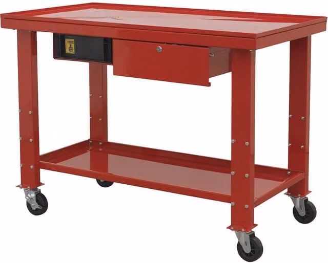 Loops Red Rollable Mobile Engine Repair Workbench with Fluid Drainage System and Lockable Drawer, W/D/H: 250 x 120 x 87.2 cm