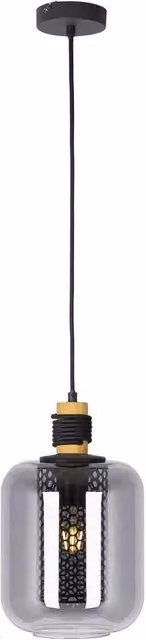 Netlighting Ando Dome Pendant Ceiling Light with Black Smoke Glass Shade and Wood Accents, E27, Height Adjustable
