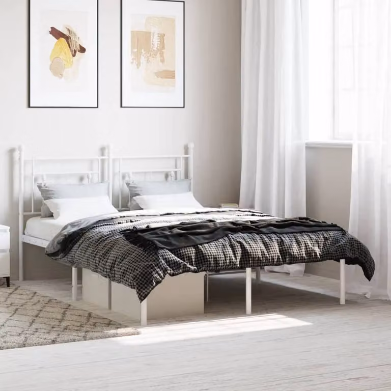 Berkfield Home Metal Bed Frame with Headboard, White, W/D/H: 135 x 190 cm
