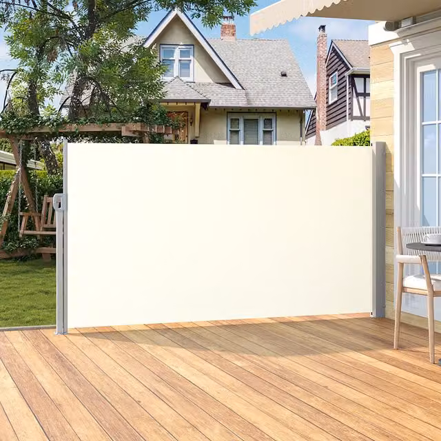 Livingandhome Retractable Garden Fence Side Sunshade Awning in White with Steel Frame, Width: 160 cm