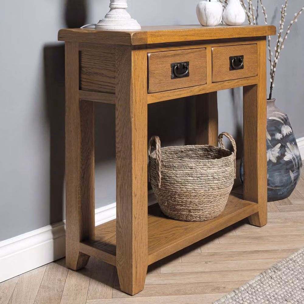 Elm Home And Garden Rustic Oak 2 Drawer Hall Console Table with Shelf in Light Oak – 2