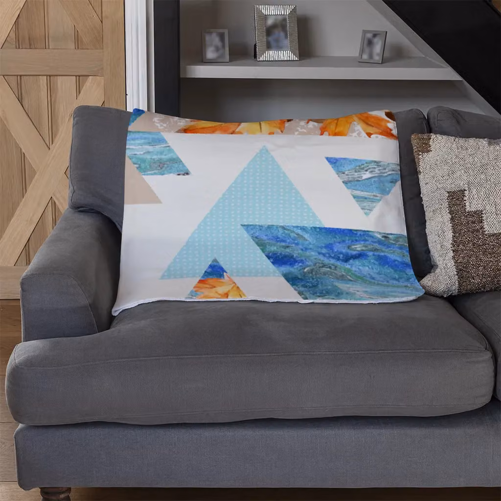 Benjamin Tate Design Triangles With Maple Oak Leaves Marble Fleece Blanket in Blue, Beige and Multicolour, W/D/H: 120 x 150 cm – 3