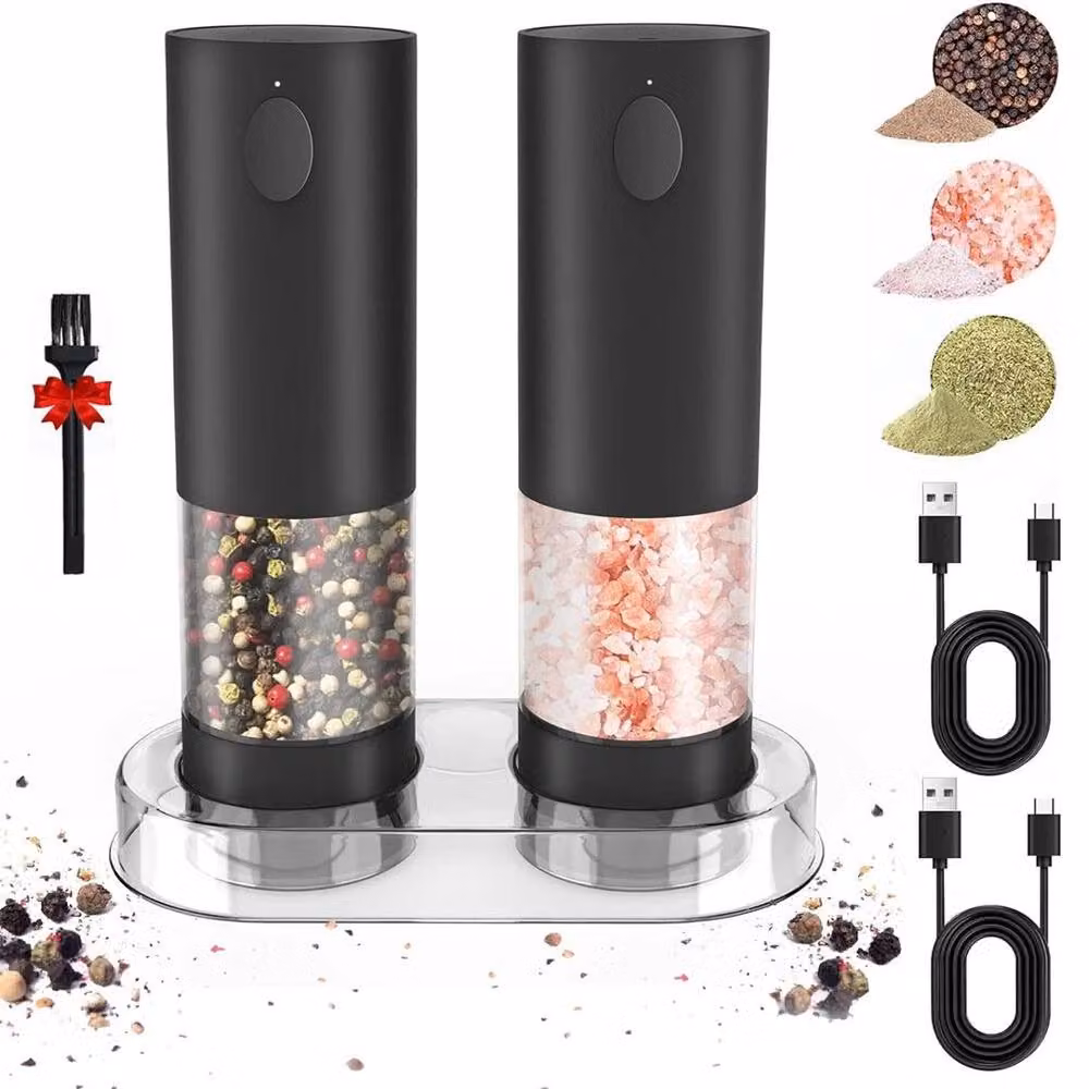 EONLION Rechargeable Automatic Salt and Pepper Mill Set in Black and Transparent Ceramic and Glass – 3