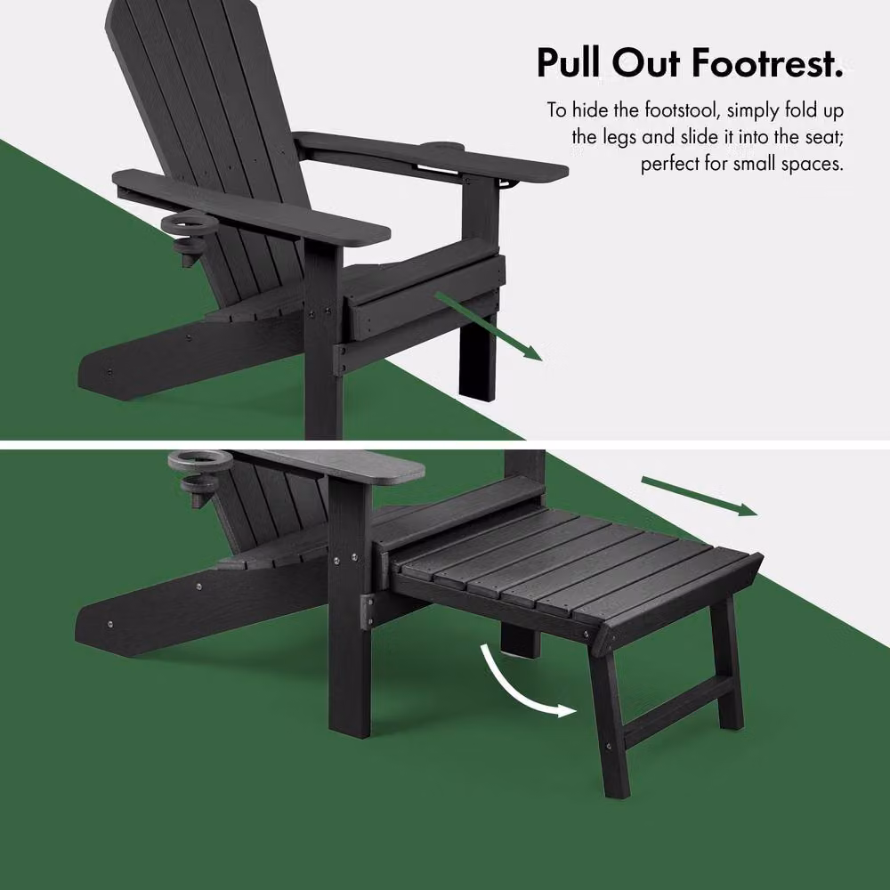 VonHaus Westport Reclining HDPE Adirondack Garden Chair with Ottoman and Cup Holders, Black (Pack of 2) – 3