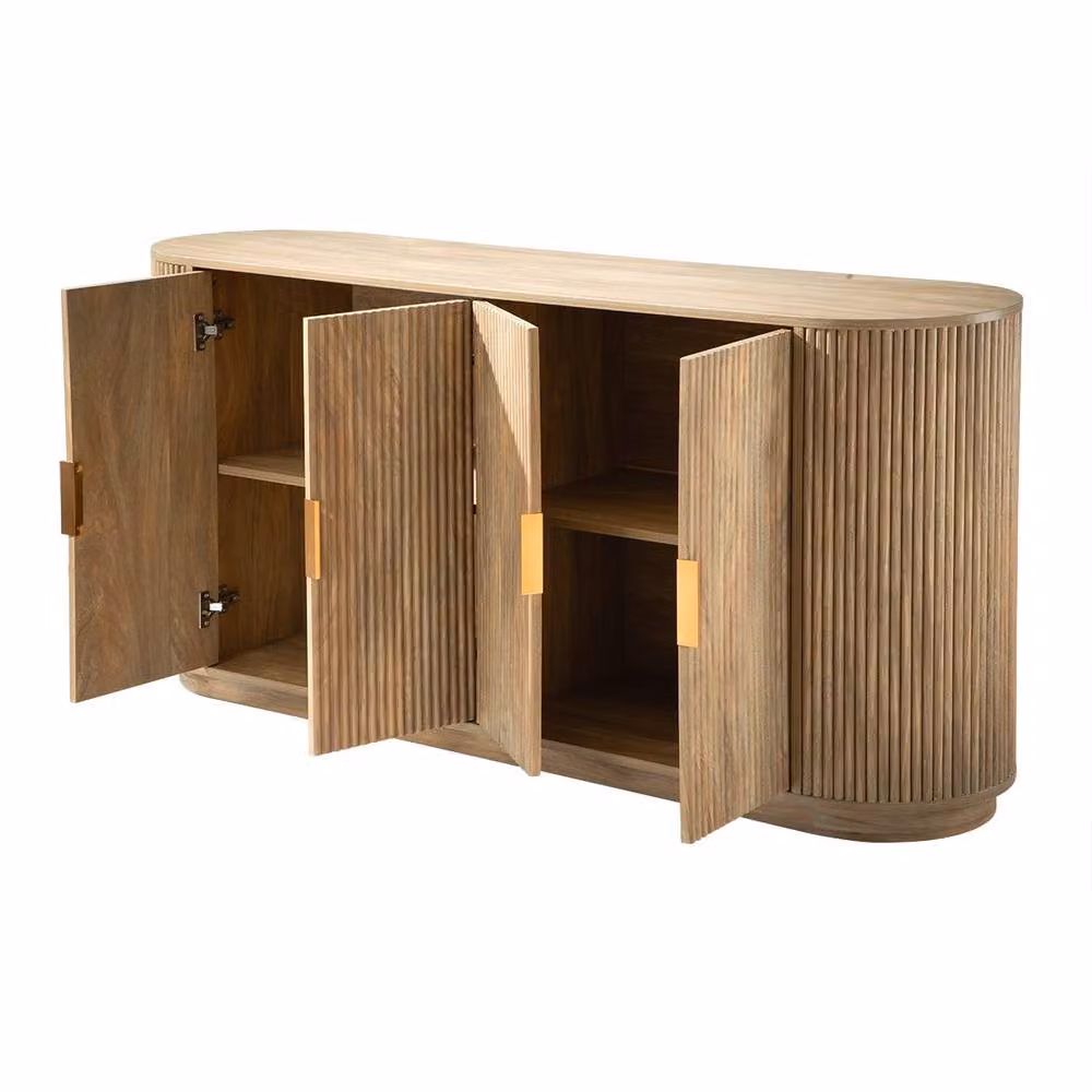 CALICOSY ACHILLE 4-Door Sideboard with Oak Effect and Rounded Slat Fronts in Light Brown, W: 160 cm – 2