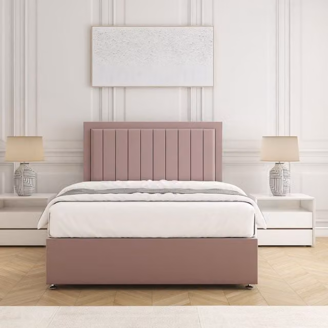 BSSPOKE Zarah King Size Divan Bed Set with 24 inch Plush Velvet Headboard and Mattress in Pink, W/D/H: 180 x 200 cm