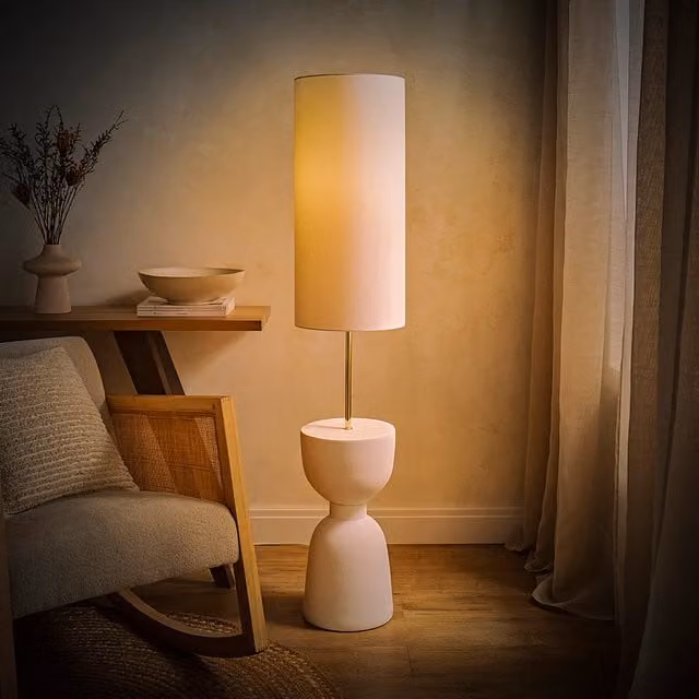 Esme White Ceramic Floor Lamp with Fabric Lampshade and LED Bulb