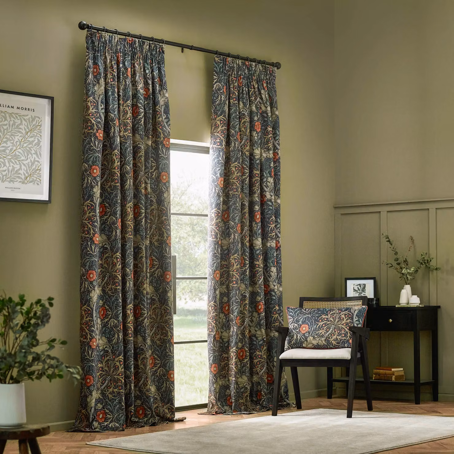 Morris & Co. Seaweed Printed Velvet Room Darkening Pencil Pleat Curtains in Indigo, Width: 167 cm, Drop: 183 cm – 2