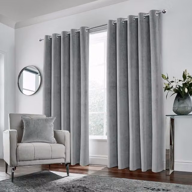 Enhanced Living Grey Blackout Velvet Thermal Eyelet Curtains, Width: 229 cm
