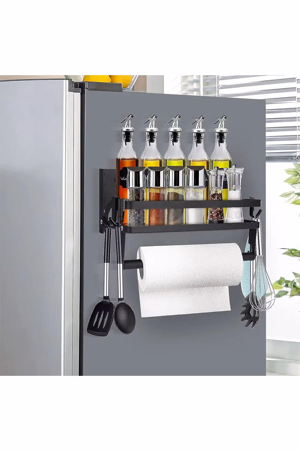 Living and Home Magnetic Kitchen Storage Shelf Organiser with Paper Roll and Cling Film Holder, Black Metal – 3