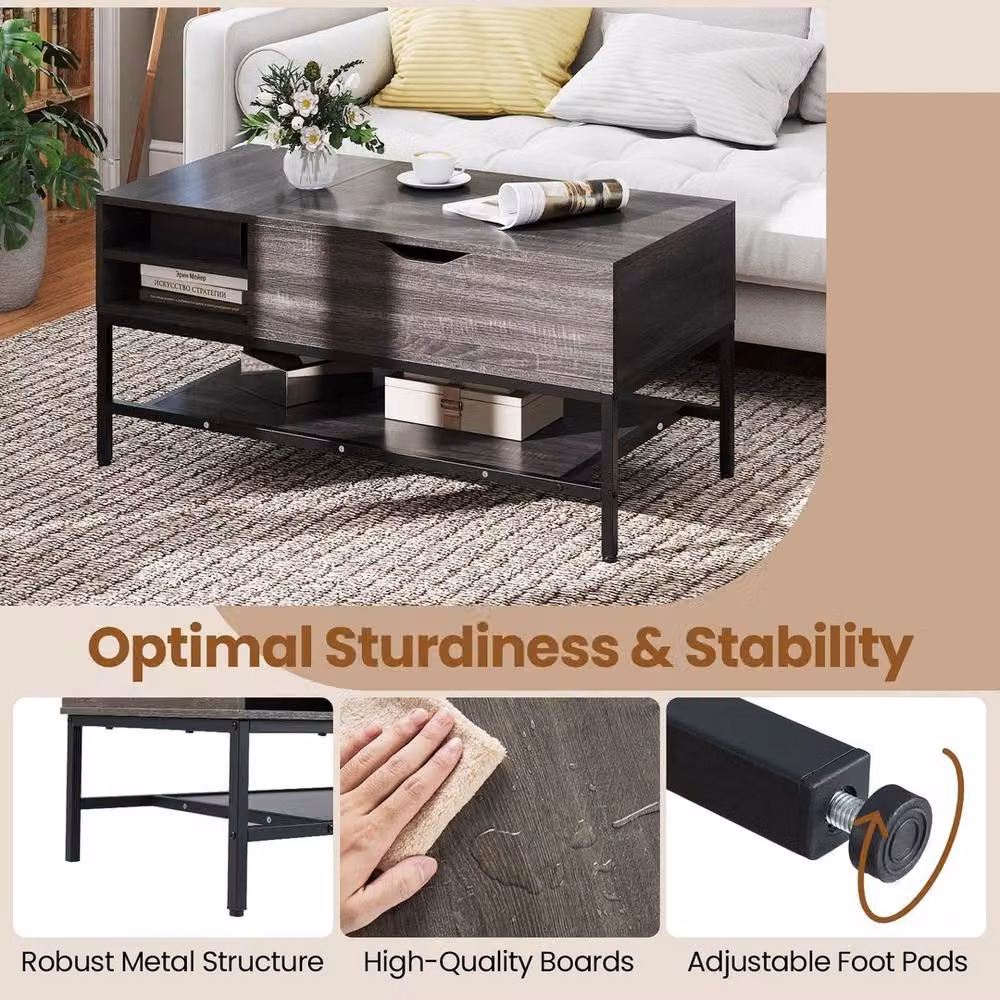 Hinsinc Lift Top Coffee Table with Storage Shelf in Grey – 6