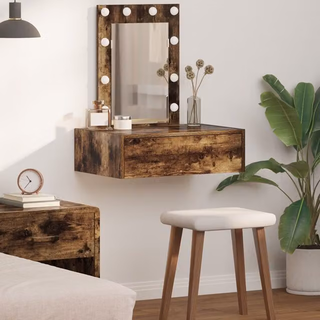 Berkfield Home Wall Hanging Dressing Table with Hollywood LED Lights in Smoked Oak Brown, W/D/H: 70 x 40 x 60 cm – 1
